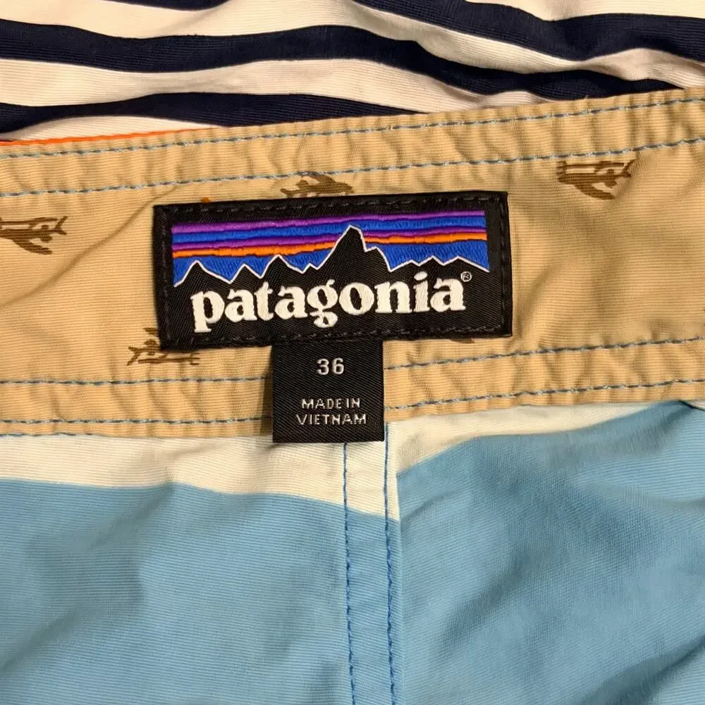 PATAGONIA Wavefarer Board Shorts Men 36 Orange Blue Striped Swim Trunks EUC